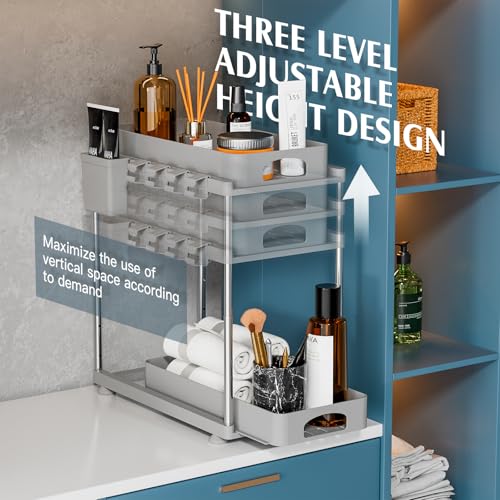 VERIFOST 2 Pack Adjustable Gray Under Sink Organizers, 2 Tier Pull Out Storage, Kitchen Bathroom Office Laundry Room Living Room - color: Gray