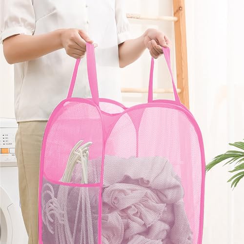 Portable Mesh Pop Up Laundry Hamper Pink Vertical Collapsible Laundry Basket With Strong Handles for Easy Storage, Suitable for Bedroom, College Dorms, Travel, RV - color: Pink