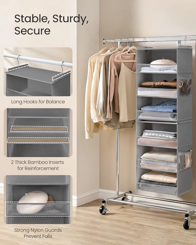 SONGMICS Hanging Closet Organizer, 6-Tier Fabric Storage Shelf, Separable Closet Hanging Shelf with Side Pockets, Foldable, Metal Hooks and Bamboo Inserts, Dove Gray URCH007G01 - color: Dove Gray, size: 1 Pack