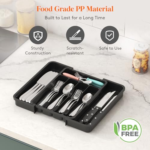 Lifewit Silverware Drawer Organizer, Expandable Utensil Tray for Kitchen, BPA Free Flatware and Cutlery Holder, Adjustable Plastic Storage for Spoons Forks Knives, 8.9-14.7 x 12.2", Black - color: Black, size: Medium Wide (8.9-14.7''W x 12.2''D)