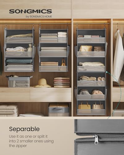 SONGMICS Set of 2 Hanging Closet Organizers, 6-Tier Fabric Storage Shelf, Separable Closet Hanging Shelf with Side Pockets, Foldable, Metal Hooks and Bamboo Inserts, Dove Gray URCH008G01 - color: Dove Gray, size: 2 Pack