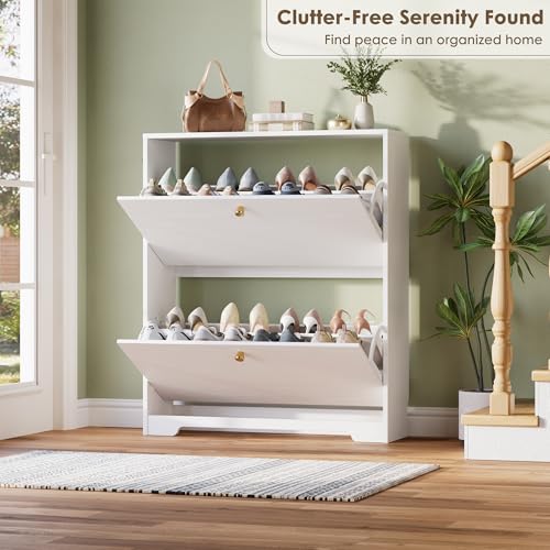 Nicetree Shoe Cabinet with 2 Flip Drawers, Narrow Shoe Organizer Cabinet, Freestanding Shoe Rack Cabinet, Morden Shoe Storage Cabinet for Entryway, Hallway, Foryer, White - color: White, style: 2-Drawers