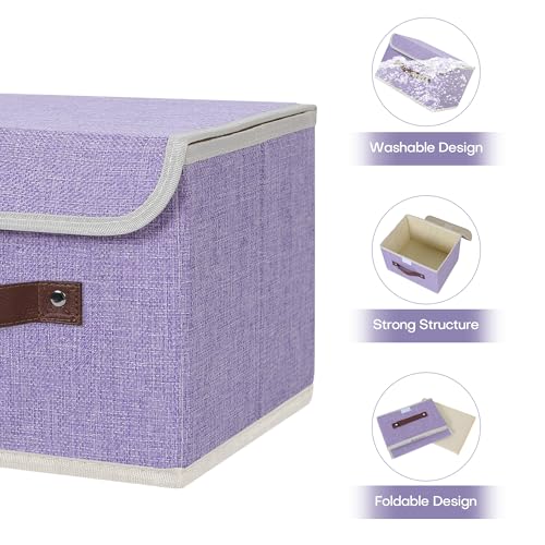 ANMINY Storage Bin with Lid Storage Boxes with PU Leather Handles PP Plastic Board Decorative Foldable Lidded Cotton Linen Fabric Home Cubes Baskets Closet Organizer Container - Purple, Small Size - color: Purple, size: Small (Pack of 1)
