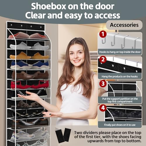 PAULONE 12 Pocket Over the Door Shoe Organizer,Reusable Breathable Large Mesh Bag Men's & Women's Sneaker Organizer,Shoe Organizer for Kids,Hanging Shoe Storage Hanging Bag (Black) - color: 12th Floor Black