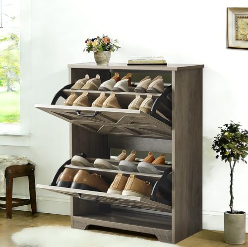 Shoe Storage Cabinet with 2 Flip Drawers, Farmhouse Shoe Organizer with Barn Door Design, Space-Saving Hidden Narrow Shoe Rack Cabinet for Entryway, Hallway & Foyer，Grey - color: Grey, size: 1 pcs-2 Flip Drawers