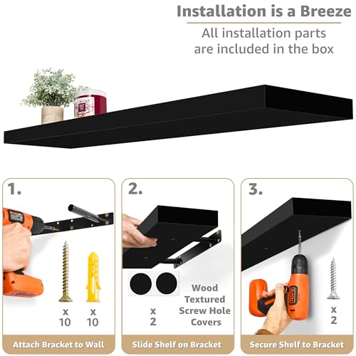 Sorbus Floating Shelves for Wall - 35 Inch Long Bathroom Shelves, Wall Decor for Bedroom, Kitchen, Living Room & Book Storage - Mounted Floating Shelf with Invisible Brackets (Black, 2 Pack) - color: Black, size: 35 Inch, style: 2 Pack