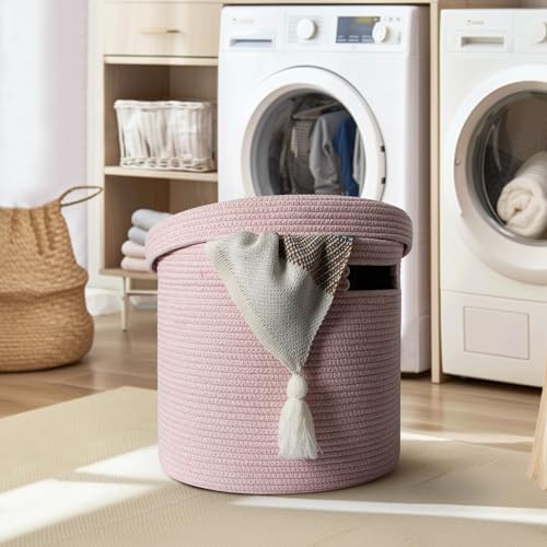 Storage Basket with Lid, Woven Blanket Storage for Living Room, Soft Cotton Rope Bin with Lid, Round Wicker Laundry Basket with Cover, Lidded Kid Dog Toy Box, Nursery Organizer, 15"x13", Pink - color: Pink
