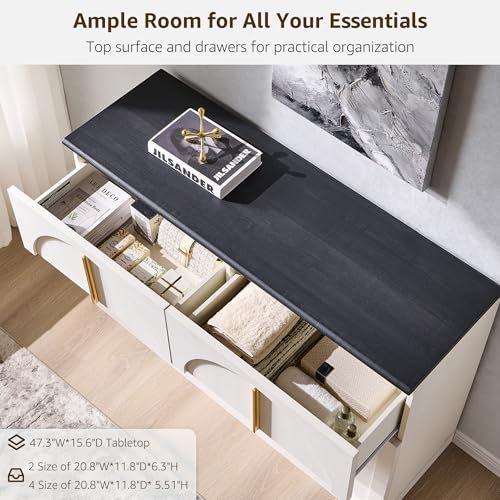 ACCOHOHO Arched Dresser for Bedroom with 6 Drawers, 47.3" Wide Modern Chest of Drawers with Rounded Edge & Metal Handles, Wood Storage Closet Dressers TV Stand for Living Room, Hallway, White - color: White, size: 15.6"D x 47.3"W x 32"H (6 Drawers)