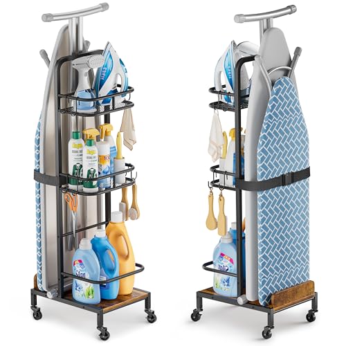 Ironing Board Hanger,Iron and Ironing Board Holder No Wall Mount,Laundry Room Organization and Storage Cart with Iron Stand,Narrow Laundry Shelves Organizer Cabinet,Laundry Room Essentials Accessories - color: Black & Rustic Brown
