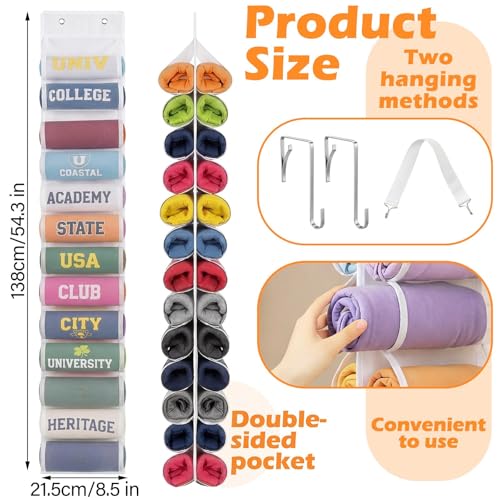 Over the Door Hoodie Organizer, Double Sided Holds 26 Hoodies, White Hanging Storage with 2 Hooks and Rope for Door Closet Cabinet Use, Ideal for Dorm Rooms Bedroom, Small Spaces, 54.3 Inch - color: White