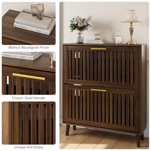 Smart FENDEE 31.5" W Shoe Cabinet Storage for Entryway with 2 Flip Drawers, Shoe Cabinet with Slatted Panel, Hidden Shoe Rack Freestanding Slim Shoes Organizer for Hallway, Entrance, Walnut - color: Walnut, size: 31.5" W