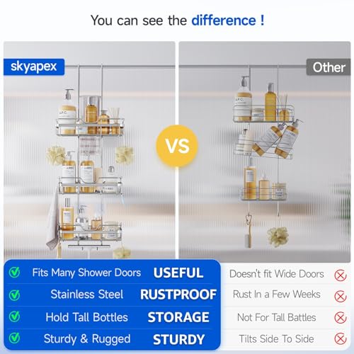 Skyapex Shower Caddy Over the Door Organizer: Bath Rack Hanging Over Glass with Hooks - Storage Shelf Inside Bathroom for Shampoo - Sliver - color: Sliver