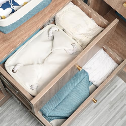 TheWarmHome Fabric Storage Bins Baskets for Organizing,Sturdy Storage Basket W/Handles, Decorative Foldable Storage Baskets for Shelves Closet Nursery Toy (White&Teal, Medium - 3 Pack) - color: White And Green, size: 3PCS/Medium -13.8Lx9.8Wx6.7H