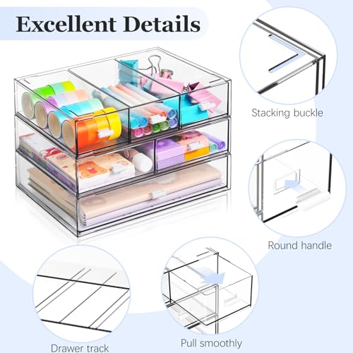3 Tier Stackable Desk Organizer with 6 Drawers, YOCOMEY Plastic Desktop Storage Box Drawers, Detachable Makeup Storage Office Stationery Supplies Organizer for Office School (All Clear) - color: All Clear