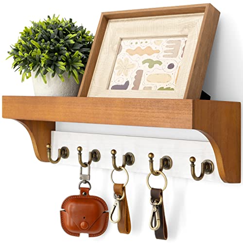 Rebee Vision Key and Mail Holder for Wall with Floating Shelf : 14 Inches Decorative Hanging Organizer with 5 Sturdy Keys Hooks and Wall Mount Key Rack - Farmhouse Entryway Decor (Light Brown & White) - color: Yellow&White