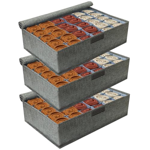 PINGMIC Gray Sock Organizer Divider 3 Pack with Lid - 30 Cell Foldable Closet Storage, Tie Organizer For Men Boxes for Socks, Ties, Belts - color: 3PACK