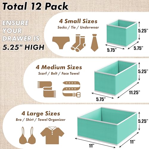 SIMPLE HOUSEWARE Foldable Drawer Organizer for Clothes/Underwear/Panty/Onesie Stocking Bin, Set of 12, Turquoise - color: Turquoise, size: Set of 12 - 4L / 4M / 4S
