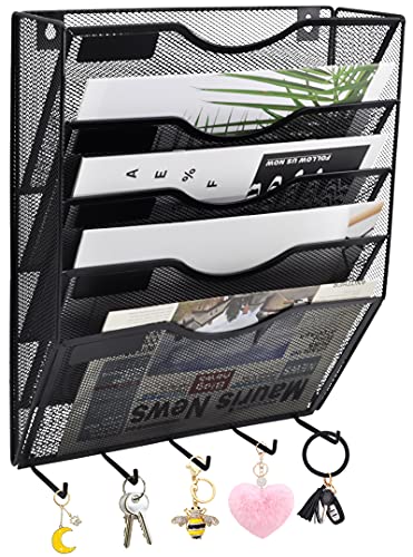 EASEPRES 5 Pocket Mesh Hanging File Organizer with Key Holder Hooks & Nametag Label, Wall Mounted Mail Paper Document Folder Storage Organization Magazine Rack for Office Cubicle, 5 Tier Black - color: Black, size: 5 Tier & Key Holder