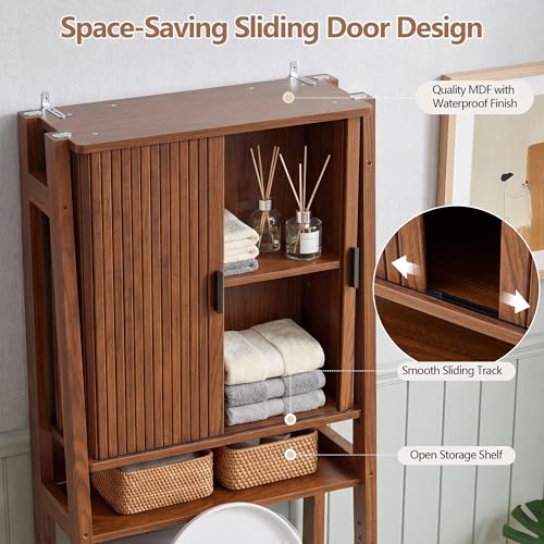 weselon Over the Toilet Storage Cabinet with Fluted Sliding Doors, Bathroom Space Saver Organizer, Freestanding Over Toilet Storage Rack for Small Bathroom, Wall-Anchored Wooden Cabinet (Walnut) - color: Walnut