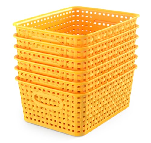 WYT 6-Pack Plastic Small Shelf Storage Weave Baskets Organizing for Cabinets and Pantries, Yellow - color: Yellow, size: 6-Pack
