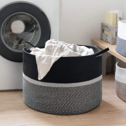 CHICVITA Extra Large Laundry Basket, Woven Rope Blanket Basket for Towels, Clothes, Toy Storage, Pillow Basket for Living Room, Family Room, 22 x 22 x 14 inches, Black - color: Black and Gray