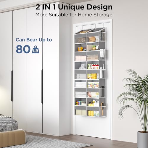 PureSpace 5-Tier Over the Door Organizer, 10 Side Mesh Pockets & Clear Windows, 80LBS Heavy Duty Hanging Storage for Baby Diapers, Shoes, Toys – Ideal for Nursery, Bathroom, Bedroom, Pantry (Grey) - color: Grey, size: 1 Pack