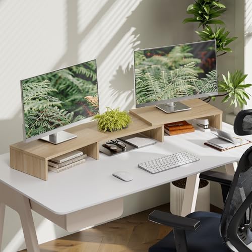 FITUEYES Dual Monitor Stand – 3 Shelf Computer Monitor Riser, Wood Desktop Stand with Adjustable Length and Angle, Desk Accessories, Office Supplies Medium Oak, DT108006WO - color: Oak