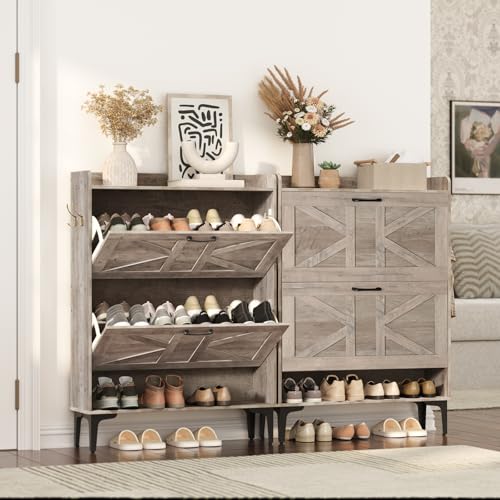 MAHANCRIS Shoe Storage Cabinet, Shoe Organizer with 2 Flip Drawers, Hidden Shoe Storage for Entryway, Freestanding Shoe Cabinet Organizer with Open Storages, Greige SHHG9401 - color: Greige