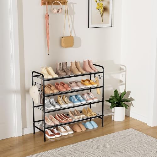 VILICK 4-Tier Shoe Rack 33" Wide Metal Shoe Organizer Long Shoe Storage with 4 Side Hooks Sturdy Shoes Shelf for Closet, Front Door Entrance, Garage, Dorm, Black - size: 4-Tier (11"x 33"x 30.5")