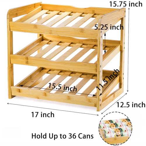 TOPZEA Soda Can Rack Organizer for Pantry, 3 Tier Bamboo Stackable Can Goods Storage Dispenser Shelf Canned Food Holder Stand for Kitchen Coutertop, Cabinet, Hold up to 36 Cans