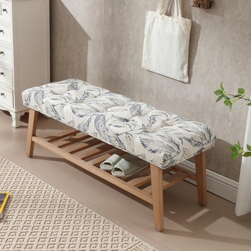 Wooden End of Bed Bench with Shoe Shelf 2 Tier Farmhouse Button Tufted Linen Fabric Upholstered Entryway Bench for Living Room/Bedroom/Hallway/Window Corner, Blue - color: Blue
