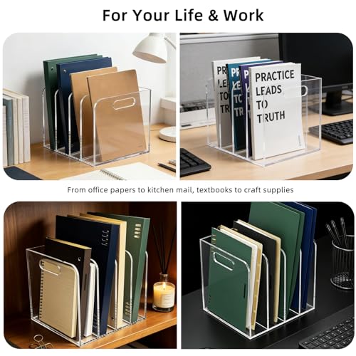 4 Vertical Compartments Clear Acrylic Magazine & File Holder – Multipurpose Desk Organizer for Office, Tablets, Magazines, Books – Documents/Home/Classroom Rack - size: A4, 4 Sections