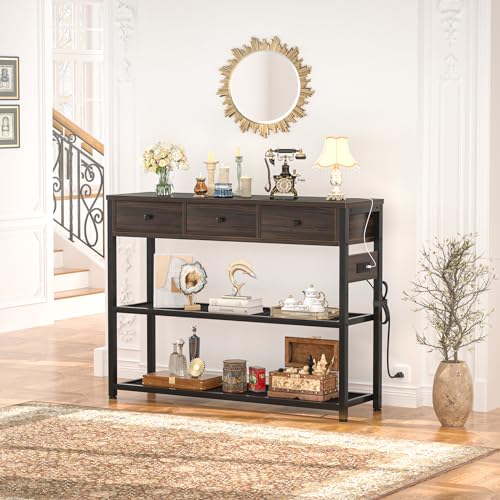 Ecoprsio 47'' Entryway Table with Outlets and USB Ports, Console Table with 3 Drawers, Sofa Table Narrow Long with Storage Shelves for Living Room, Couch, Hallway, Foyer, Black Walnut Finish - color: Black Walnut, size: 47-In