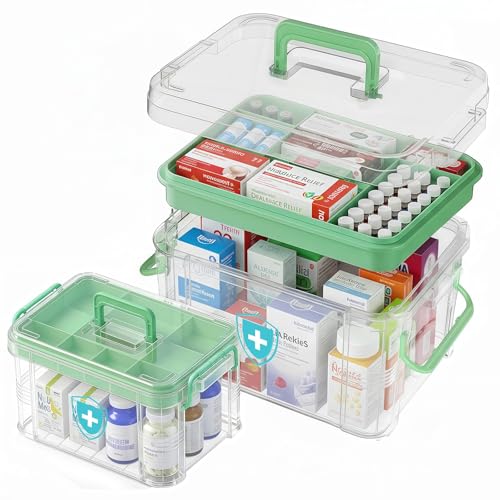 ANYPROLUS 2 Pack Clear Medicine Organizer Box with Handle, Plastic Medicine Container with Tray First Aid Box Empty, Thickened Medicine Storage Organizer Multipurpose Medication Organizer Storage - color: Green-2Pack