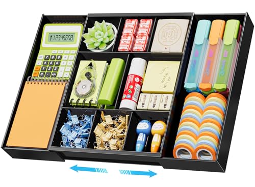 Marbrasse Expandable Desk Drawer Organizer, Clear Plastic Drawer Organizer Tray with 10 Adjustable Compartments, Desk Organizers and Accessories, 5 Drawer Dividers for Office Supplies, Makeup(Black) - color: Black