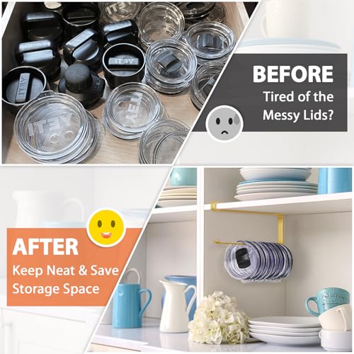 Tumbler Lid Organizer, Horizontal Tumbler Lid Storage Hook Up to 10 Lids, Space Saving Cup Lid Holders Under Cabinet Tumbler Lid Hook for Kitchen Organizer and Storage, Paper Towel Rack Hanger (Gold) - color: Gold, size: 1 Pack