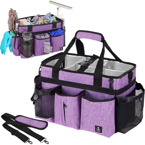 Large Cleaning Caddy Bag Built-in Sturdy Support Board, Cleaning Organizer with Detachable Divider, Cleaning Supply Tote with Adjustable Shoulder Strap&Waist Belt for Cleaners & Housekeeper - color: Purple