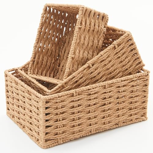 Small Wicker Basket for Organizing, Woven Storage Basket Set of 3 - Handwoven Natural Paper Rope Baskets to Declutter Any Room, Perfect for Organizing and Home Decor - color: Neutral