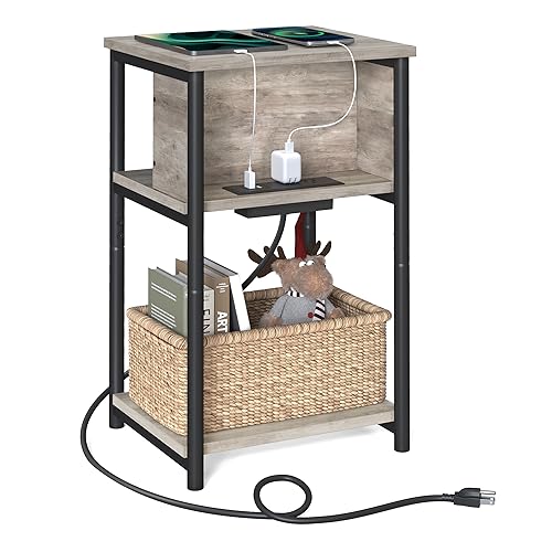 VASAGLE Side Table with Charging Station, 3-Tier End Table with USB Ports and Outlets, Nightstand for Living Room, Bedroom, 11.8 x 13.4 x 22.8 Inches, Plug-in Series, Greige and Black - color: Greige + Black