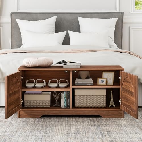 BERRYMERRY 39.4" Fluted Shoe Storage Bench for Entryway,2 Tier Shoe Cabinet Bench with Adjustable Shelf,Bench for Bedroom End of Bed (Walnut, 13.8”D x 39.4”W x 18.5”H) - color: Walnut