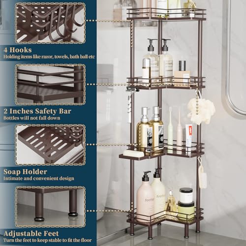 Consumest Corner Shower Caddy Standing - 4-Tier Stainless Steel Shower Organizer with Soap Holder and 4 Hooks, Large Capacity Corner Shelf Stand for Bathroom, Rest Room, Bronze - color: Bronze, size: 4 Tier