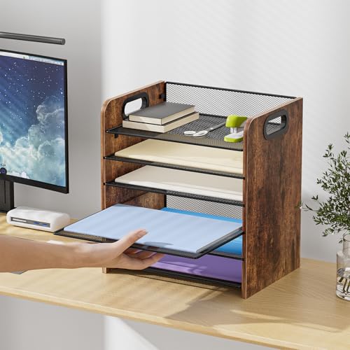 Marbrasse 6 Tier Paper Organizer Letter Tray - Wooden Desk File Organizer with Handle, Paper Sorter Organizer for Letter/A4 Office File Folder Holder - color: 6 Tier - Wooden