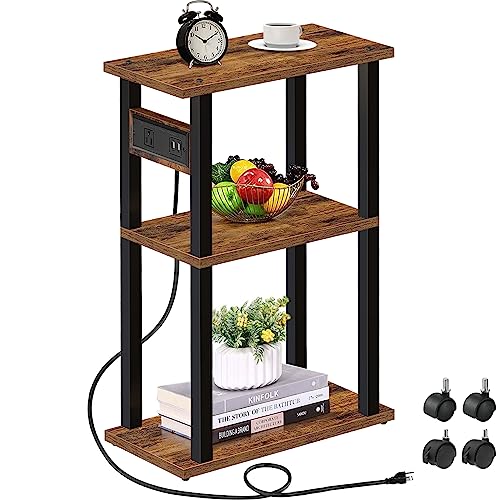 TUTOTAK Small Narrow Side Table with Charging Station, Skinny End Table for Small Spaces, Slim Nightstand with USB Ports and Outlet, Sofa Beside Table with Wheels, Brown TB01BB046 - color: Brown, size: 1 PC, style: With Plug