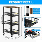 Fruit Vegetable Storage Basket for Kitchen, 4 Tier Large Pull-Out Metal Wire Baskets with 3 Pack Mats Bottom, Wood Top and Wheels, Vegetable Produce Bins Stand Cart Rack for Onions and Potatoes - color: 4 Tier-black With Three Mats and Wood Top