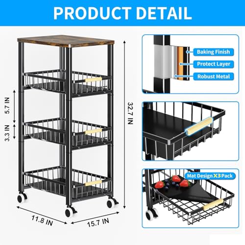 Fruit Vegetable Storage Basket for Kitchen, 4 Tier Large Pull-Out Metal Wire Baskets with 3 Pack Mats Bottom, Wood Top and Wheels, Vegetable Produce Bins Stand Cart Rack for Onions and Potatoes - color: 4 Tier-black With Three Mats and Wood Top