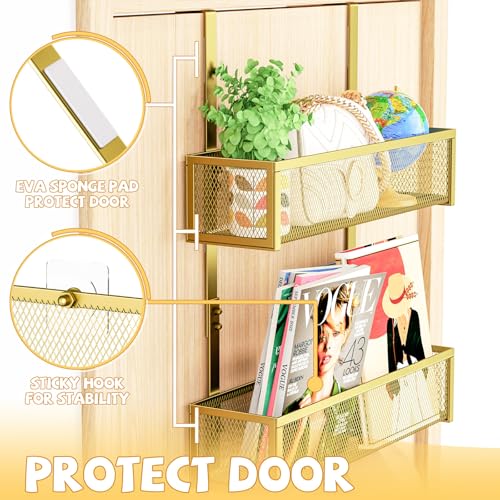 Kaiferty Over The Door Hooks Organizer,Coat Rack with 12 Hooks and 2 Mesh Baskets,Back of Door Storage Organizer for Bathroom,Bedroom,Kitchen,Office (Gold) - color: 2 Upgrated Baskets-Gold