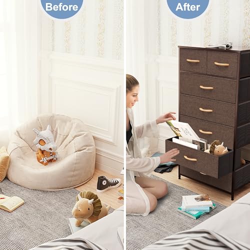 Crestlive Products Vertical Dresser Storage Tower - Sturdy Steel Frame, Wood Top, Easy Pull Fabric Bins, Wood Handles - Organizer Unit for Bedroom, Entryway, Closets - 7 Drawers (Brown) - color: Brown, style: 7 Drawers