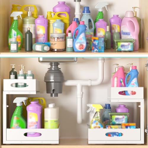 Under Sink Organizer, Extra-Wide Upgrade, 1 Pack 2 Tier Metal Slide Out Cabinet Organizer, Height Adjustable Organization and Storage Series, Bathroom/Cabinet/Kitchen organization, White - color: White - Single Pack, size: Wide Upgraded Version
