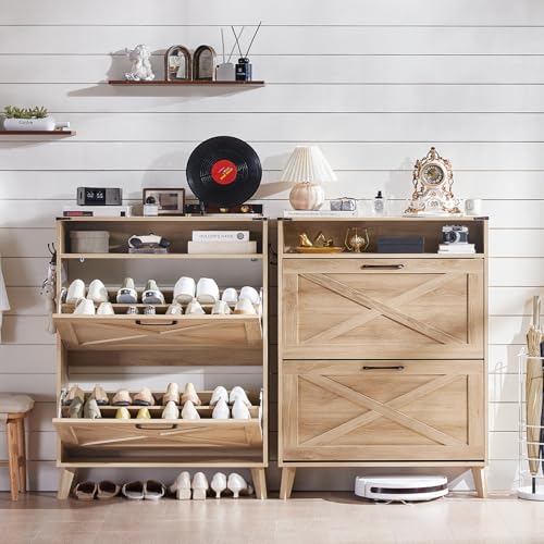 Joaxswe Shoe Cabinet Storage for Entryway with 2 Flip Drawers 2 Hook Open Storage Layer Rack Narrow Organizer Slim Hidden Wood Shoe Cabinet Furniture Natural - color: Natural