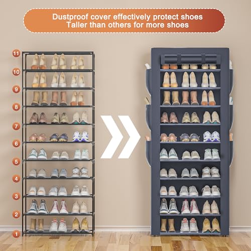 OYREL Shoes Rack 10 Tier Tall Shoe Rack with Storage Pockets, Fabric Covered Shoe Racks,Metal Shoes Rack Organizer for Closets,Bedroom, Garage - color: Grey